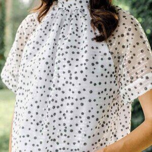 NWT Noble 31 White Sequin Leann Blouse  - Black Floral Beaded High Neck Top